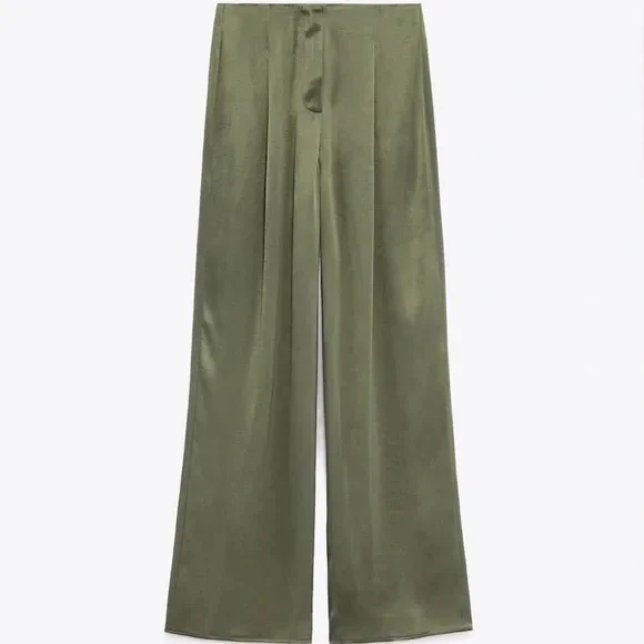Zara Satin Effect Full Length Dart Pants in Olive - Picture 1 of 8